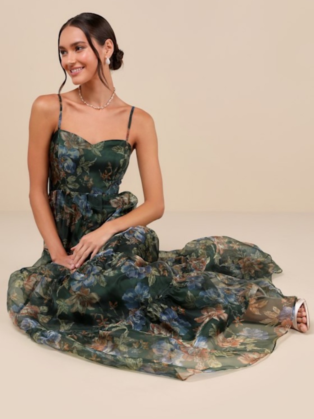 Lulus Exclusive Glamour Green Floral Organza Tiered Maxi Dress - Size S - Picture 1 of 1